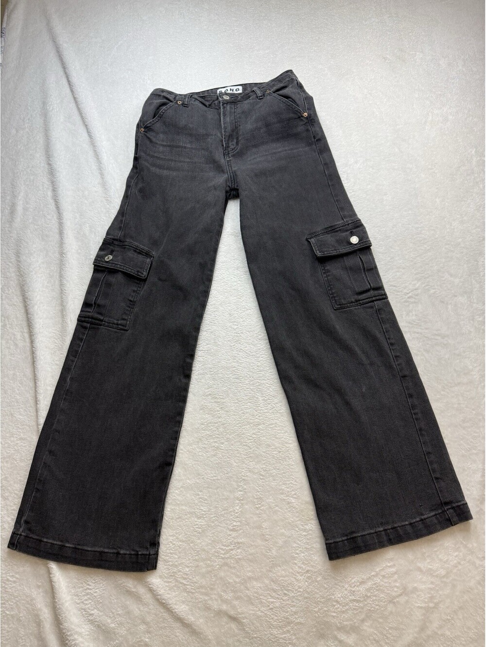 S.O.N.G Y2K Cargo Street Jeans Black  Wide Leg Utility Streetwear Womens 5/27